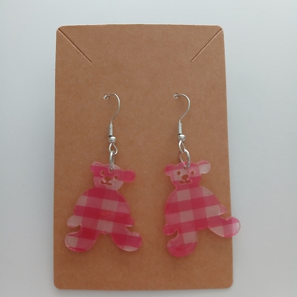 Fashion Jewelry Jewelry - Fashion Jewelry Pink Plaid Teddy Bear Dangle Earrings